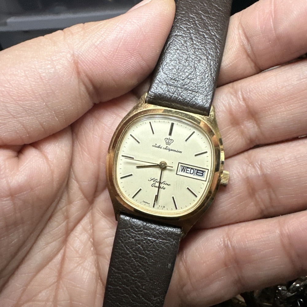 Works VTG Men's JULES JURGENSEN Slimline 32mm Gold Tone Day Date Quartz Watch